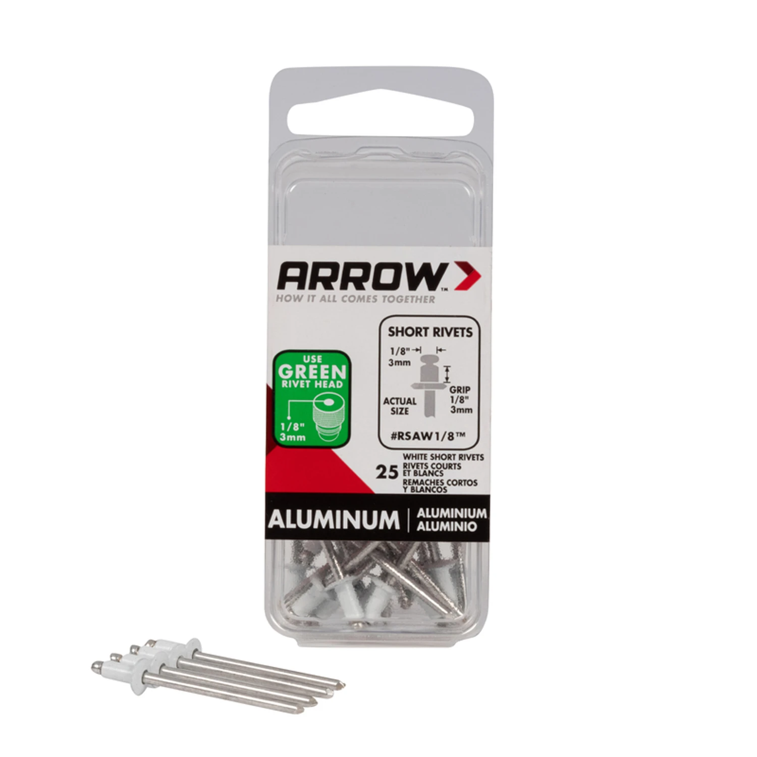 Arrow RSAW1/8 Pop Rivet, Short, 1/8 in Grip, 1/8 in L, Aluminum, White, 25/PK