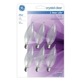GE 75223 Decorative Light Bulb, 25 W, CA10 Lamp, Candelabra Lamp Base, 220 Lumens, 2500 K Color Temp
