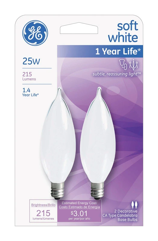GE 66105 Chandelier Light Bulb, 25 W, CA10 Lamp, E12 Candelabra Lamp Base, 215 Lumens, 2500 K Color Temp