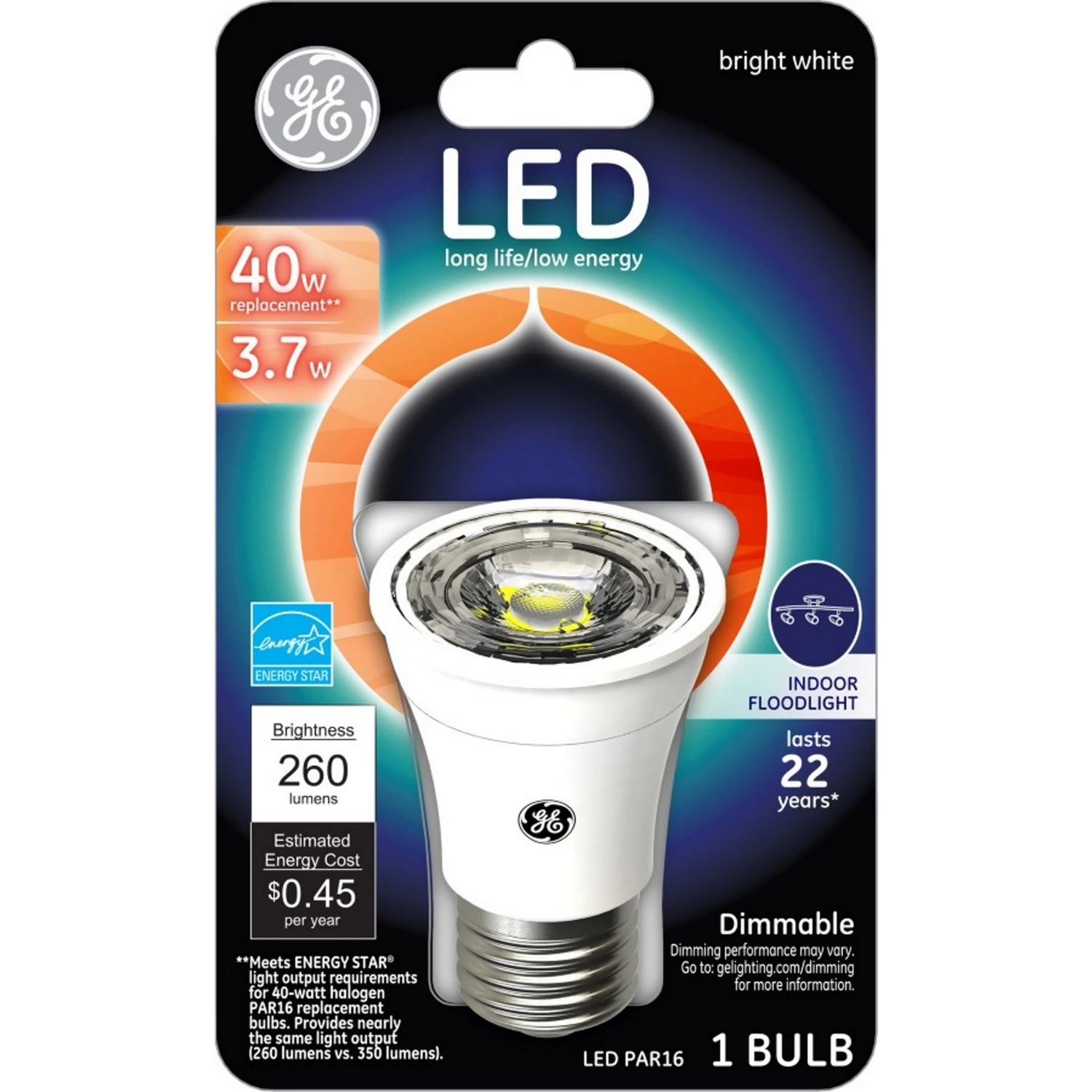 GE 26383 LED Bulb, Flood/Spotlight, PAR16 Lamp, 40 W Equivalent, GU10 Lamp Base, Dimmable, Warm White Light GE 26383 LED Bulb, Flood/Spotlight, PAR16 Lamp, 40 W Equivalent, GU10 Lamp Base, Dimmable, Warm White Light