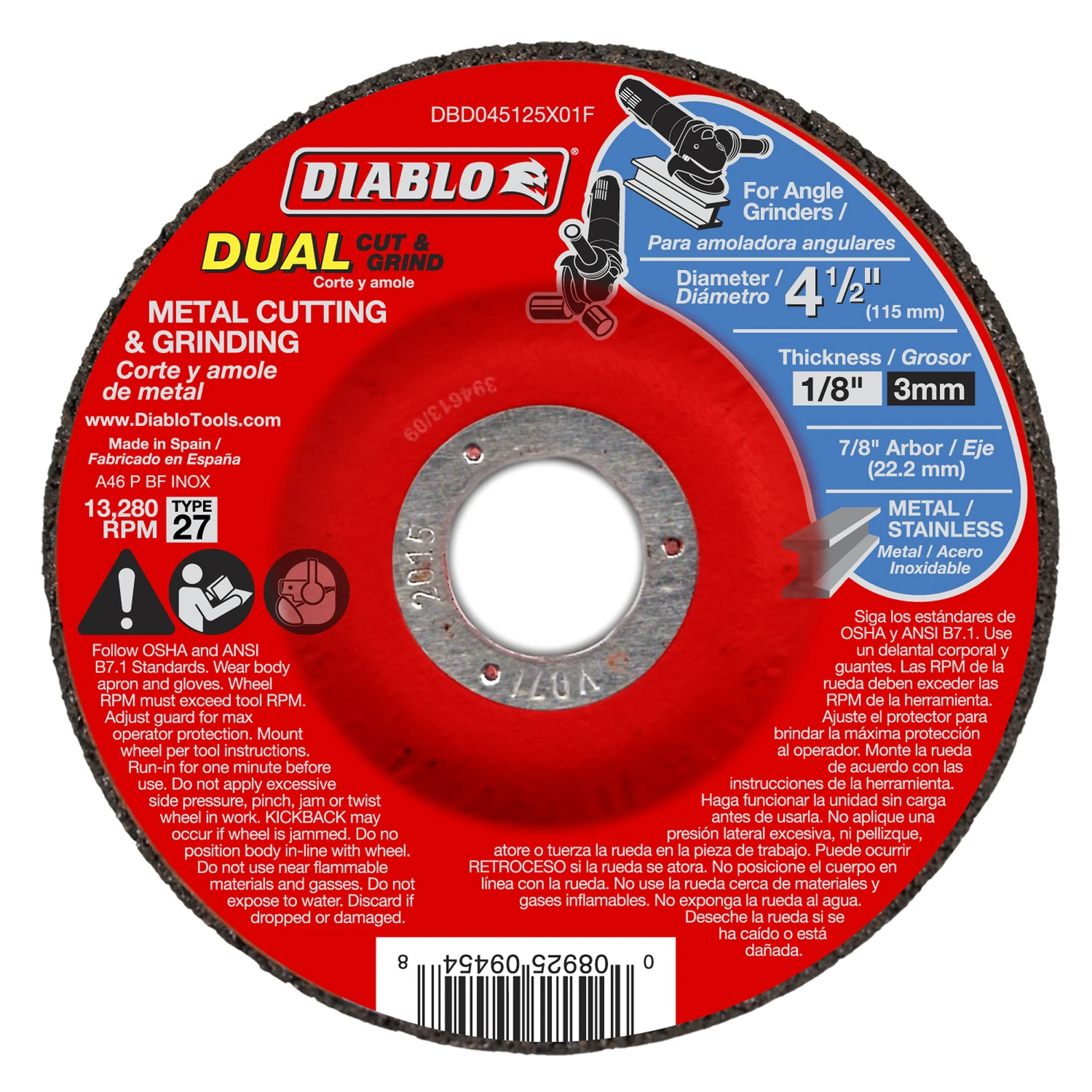 Diablo DBD045125X01F Cut and Grind Wheel, 4-1/2 in Dia, 1/8 in Thick, 7/8 in Arbor, Aluminum Oxide Abrasive Diablo DBD045125X01F Cut and Grind Wheel, 4-1/2 in Dia, 1/8 in Thick, 7/8 in Arbor, Aluminum Oxide Abrasive