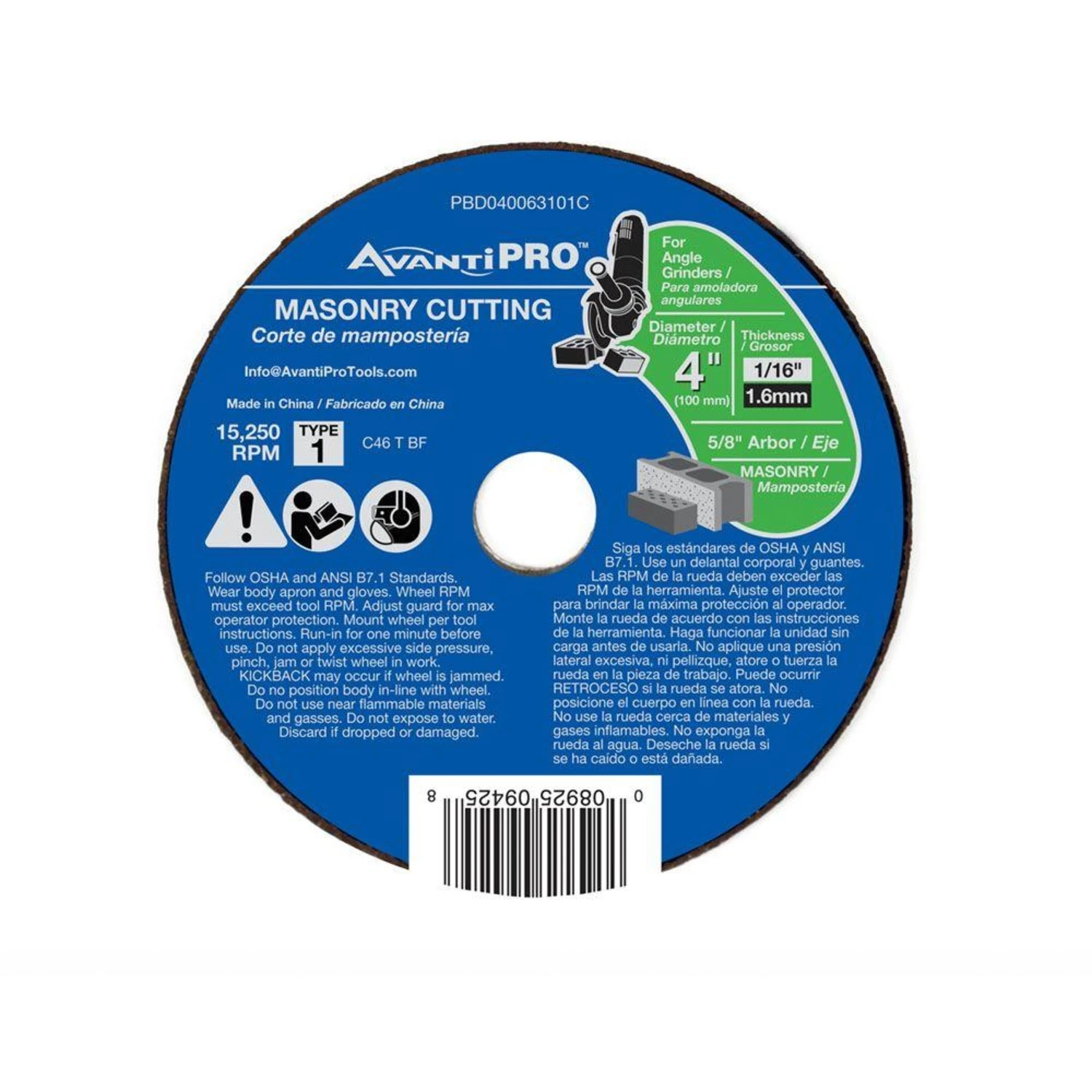 Avanti Pro PBD040063101C Cut-Off Wheel, 4 in Dia, 1/16 in Thick, 5/8 in Arbor, Silicone Carbide Abrasive