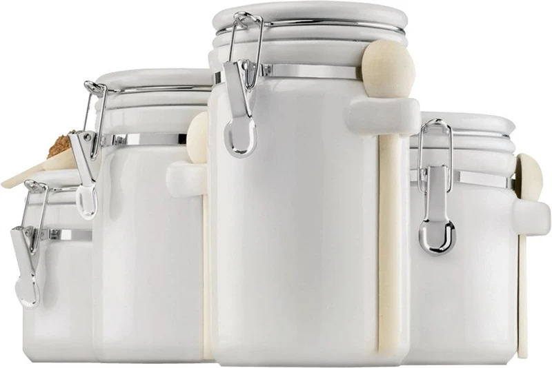 4-piece White Ceramic Canister Set With Wood Spoons, 25-45 Oz Capacity