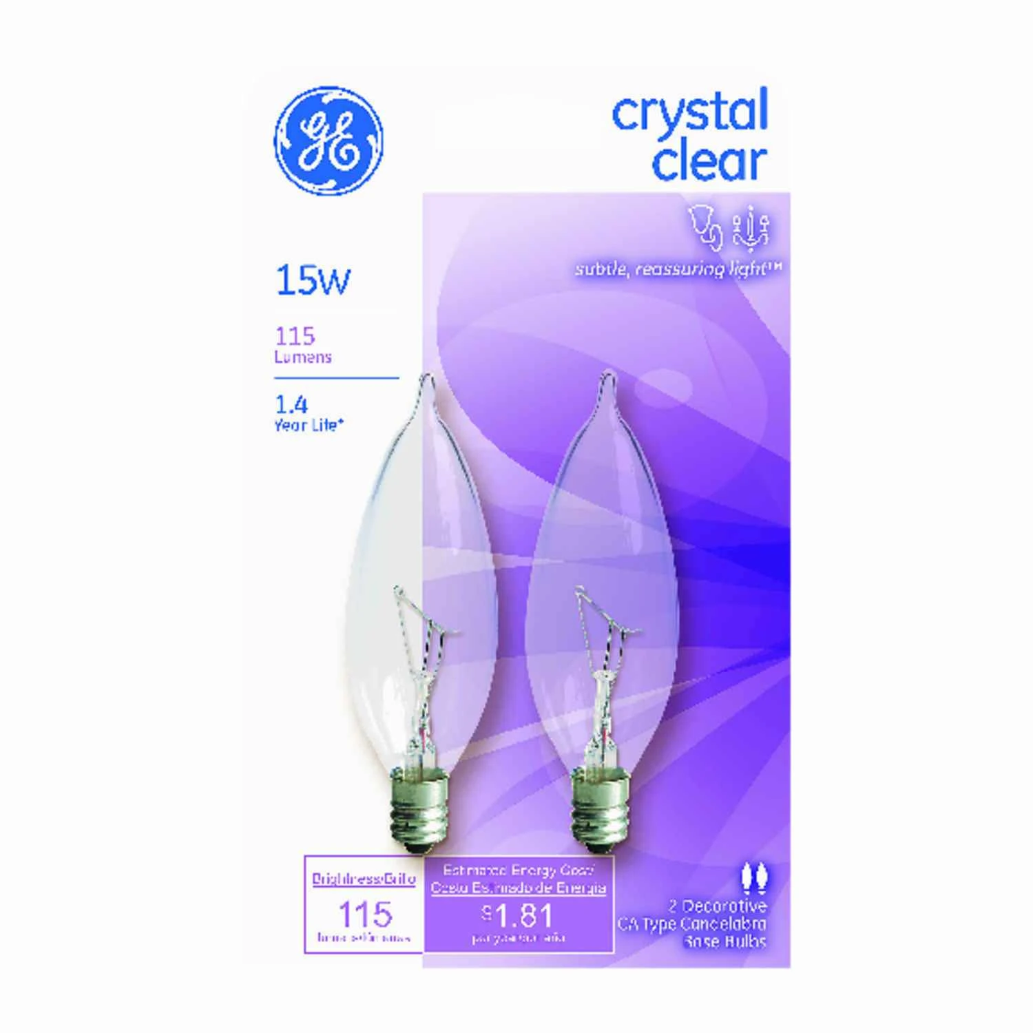 GE 48396 Light Bulb, 15 W, CA8 Lamp, E12 Candelabra Lamp Base, 115 Lumens, 2500 K Color Temp, Soft White Light