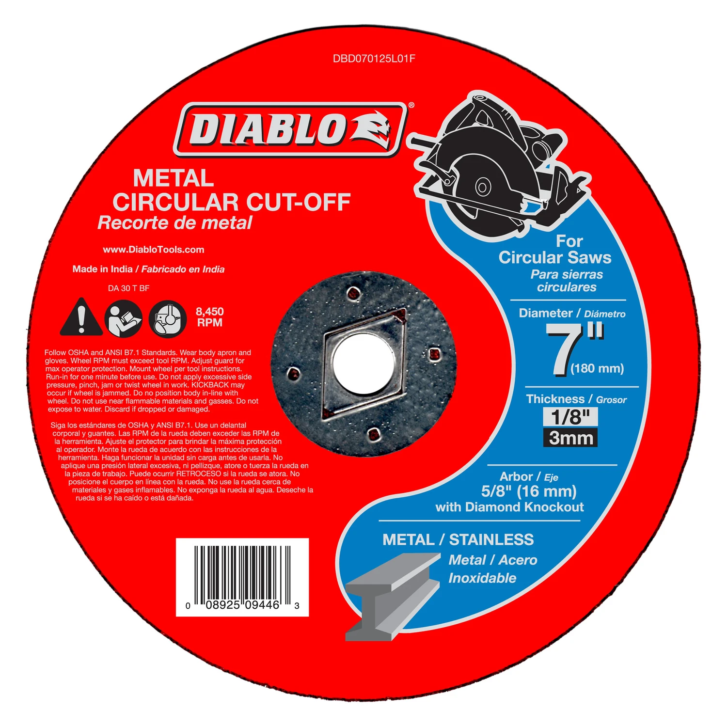 Diablo DBD070125L01F Cut-Off Wheel, 7 in Dia, 1/8 in Thick, Aluminum Oxide Abrasive, 5/8 in Arbor