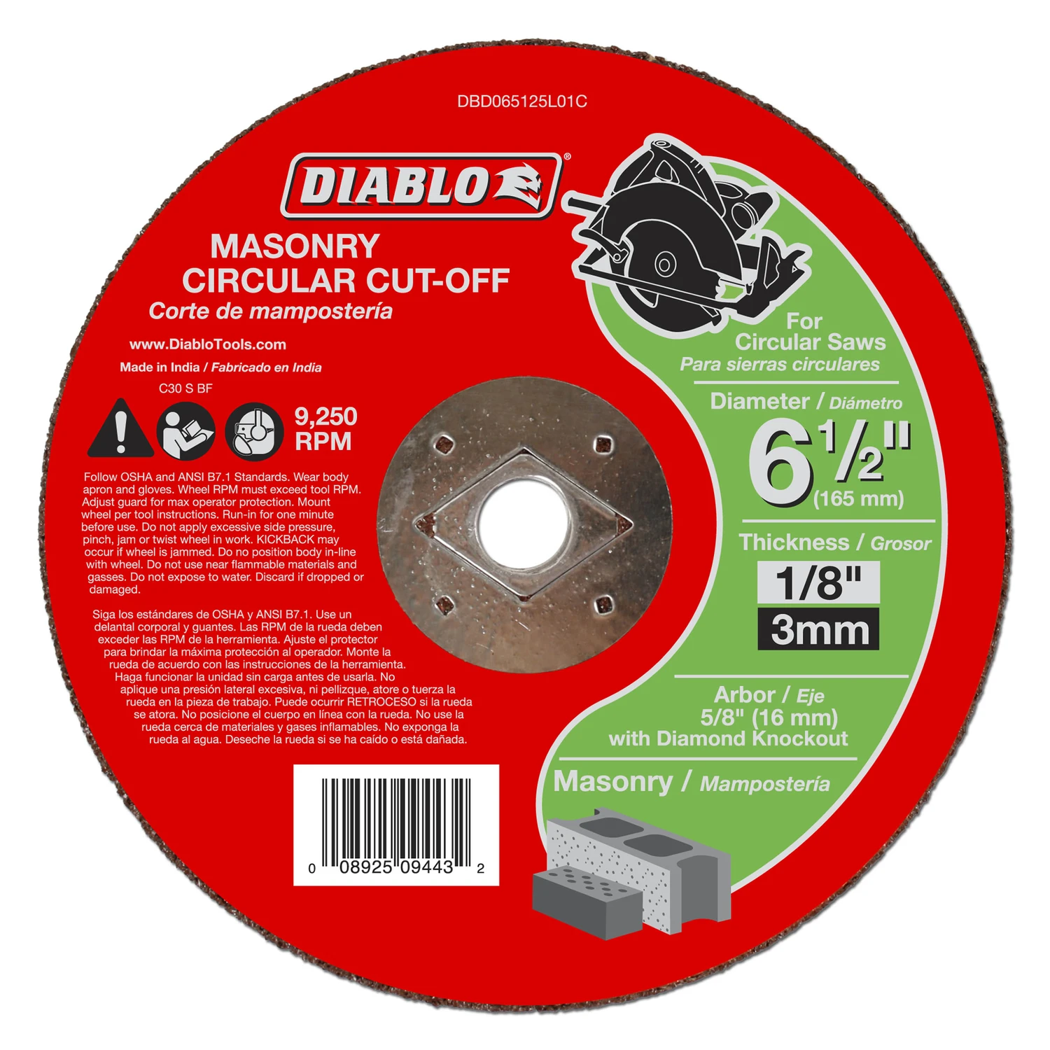 Diablo DBD065125L01C Cut-Off Wheel, 6-1/2 in Dia, 1/8 in Thick, Aluminum Oxide Abrasive, 5/8 in Arbor