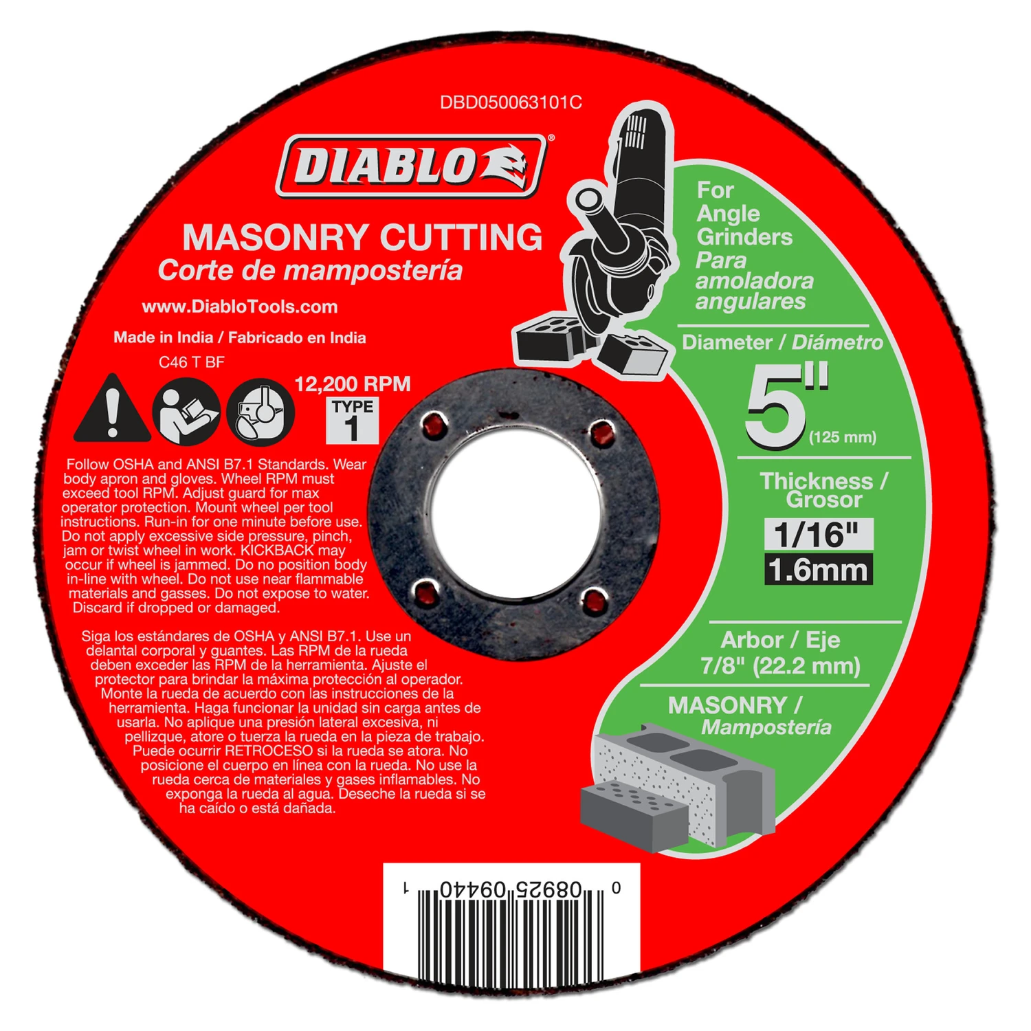 Diablo DBD050063101C Cut-Off Wheel, 5 in Dia, 1/16 in Thick, 7/8 in Arbor, Silicone Carbide Abrasive
