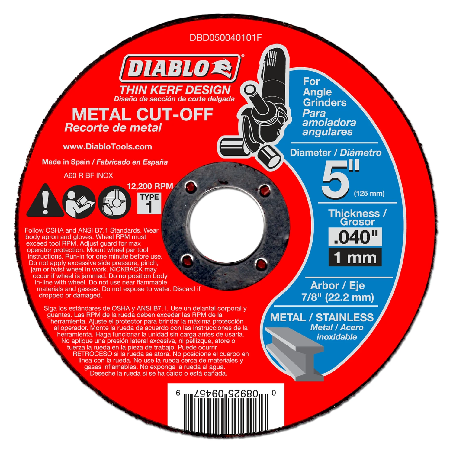 Diablo DBD050040101F Cut-Off Wheel, 5 in Dia, 0.04 in Thick, 7/8 in Arbor, Aluminum Oxide Abrasive Diablo DBD050040101F Cut-Off Wheel, 5 in Dia, 0.04 in Thick, 7/8 in Arbor, Aluminum Oxide Abrasive
