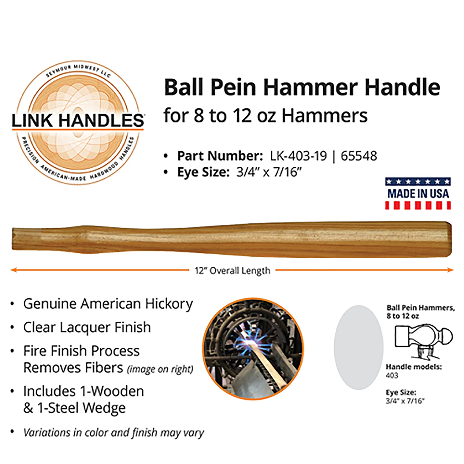 65548 12 Inch Machinist Hammer Handle For 8 To 12 Ounce Hammers