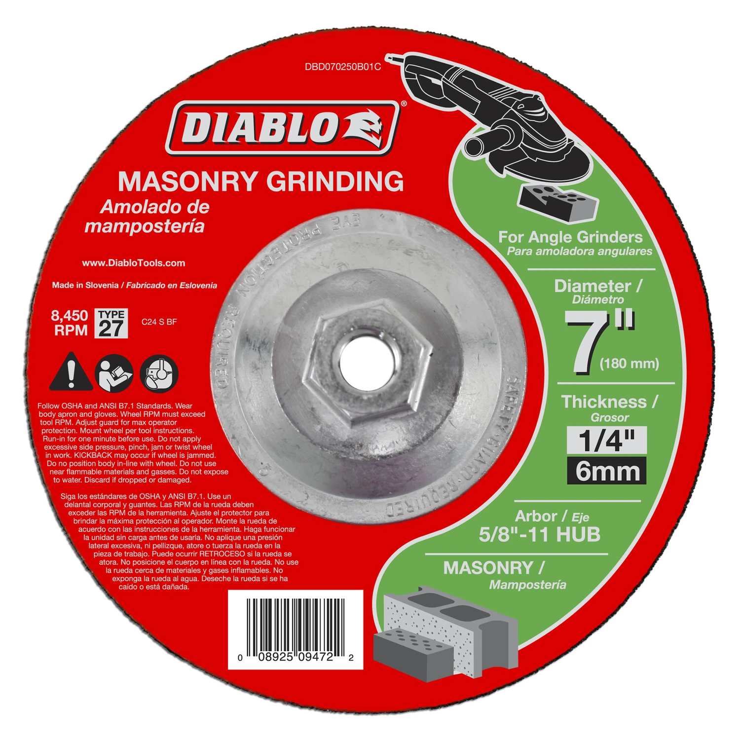 Masonry Grinding Disc, 7 x 1/4 x 5/8-11-In.