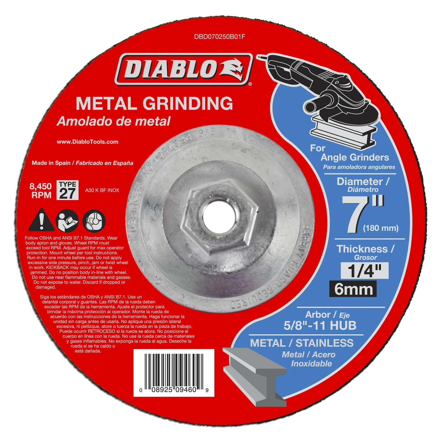 Diablo DBD070250B01F Metal Grinding Disc, 7 x 1/4 x 5/8-11-In.