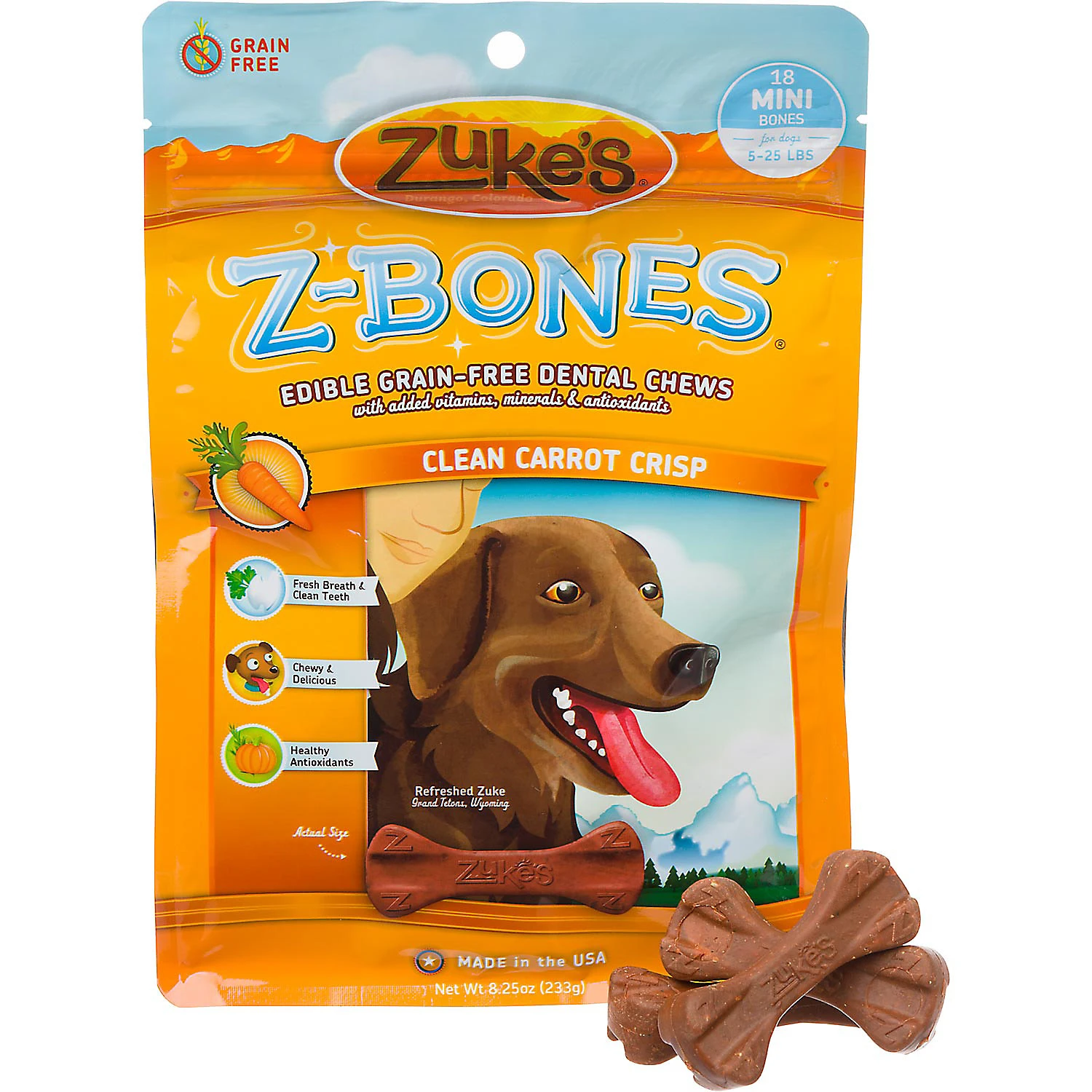 Zuke's Z-Bones Edible Grain Free Clean Carrot Crisp Mini Dog Dental Chews, 8.25 oz. (2.5" Length; Pack of 18 chews; For Dogs 10-25 lbs.)