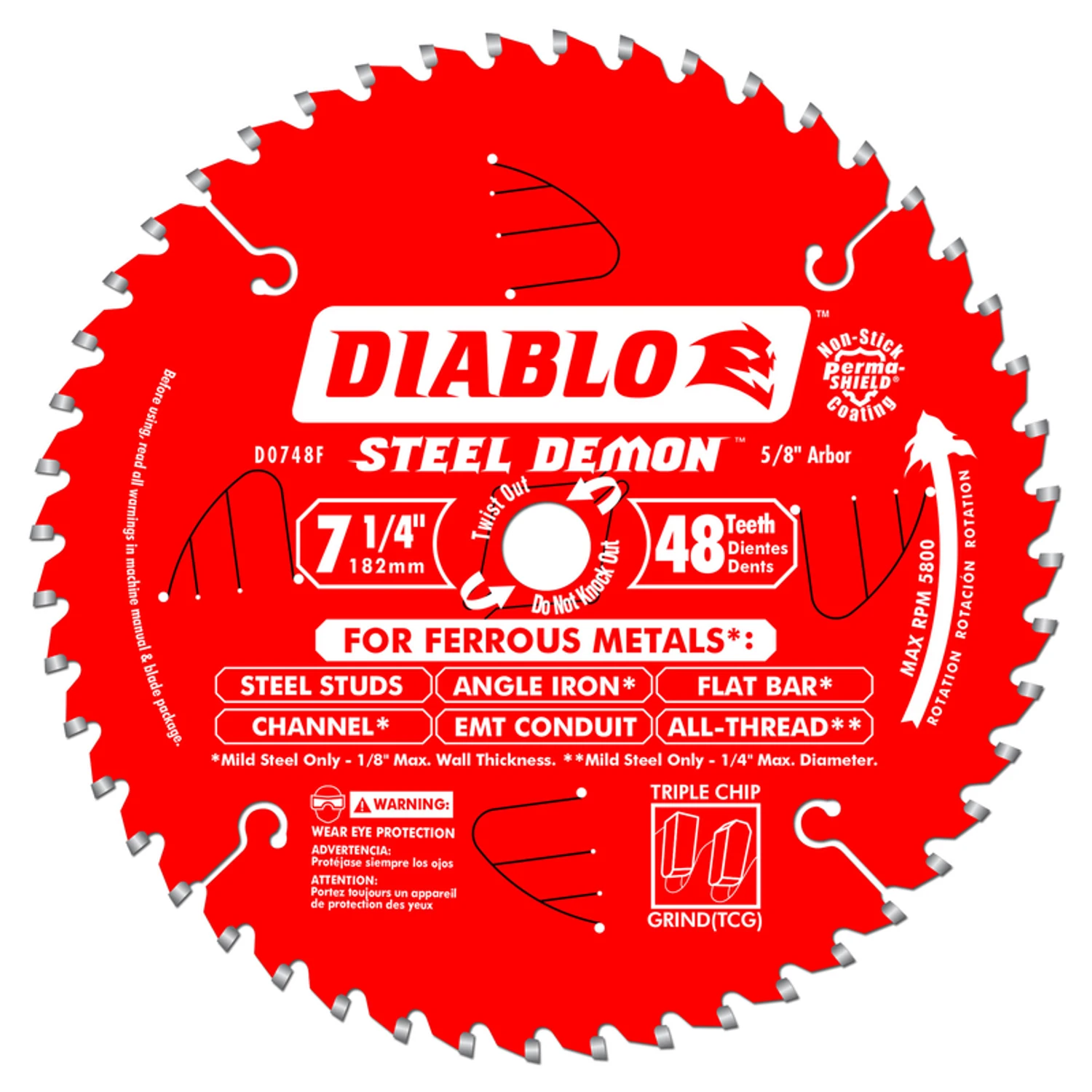 Diablo Steel Demon D0748CFA Circular Saw Blade, 7-1/4 in Dia, 5/8 in Arbor, 48-Teeth, Cermet Cutting Edge Diablo Steel Demon D0748CFA Circular Saw Blade, 7-1/4 in Dia, 5/8 in Arbor, 48-Teeth, Cermet Cutting Edge