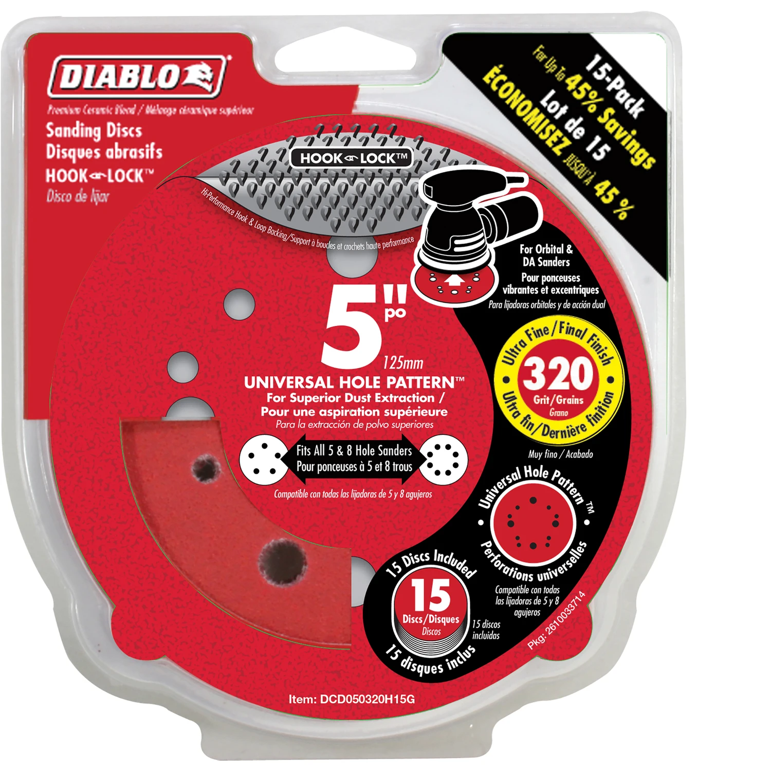 Orbital Sanding Disc, 12 Hole, Hook & Loop, 320-Grit, 5-In., 15-Pk.