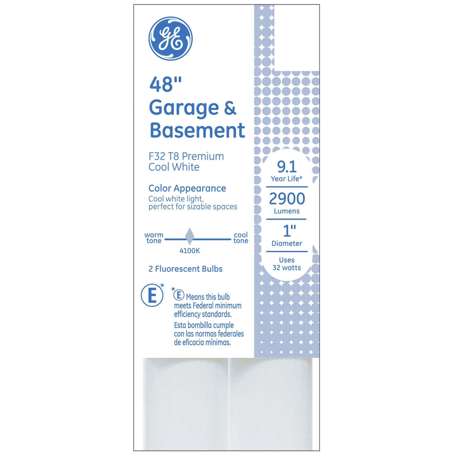 GE 66828 Light Bulb, 32 W, T8 Lamp, G13 Medium Bi-Pin Lamp Base, 2975 Lumens, 4100 K Color Temp, Cool White Light