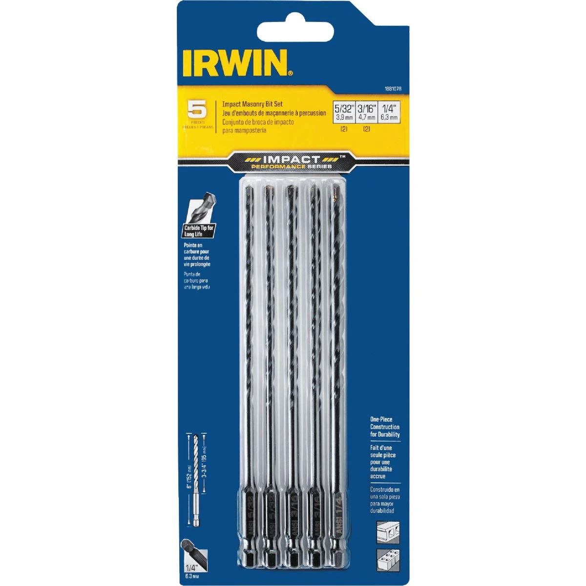 1881078 5-piece Impact Masonry Drill Bit Set, Carbide, Black Oxide, 1/4 In Shank