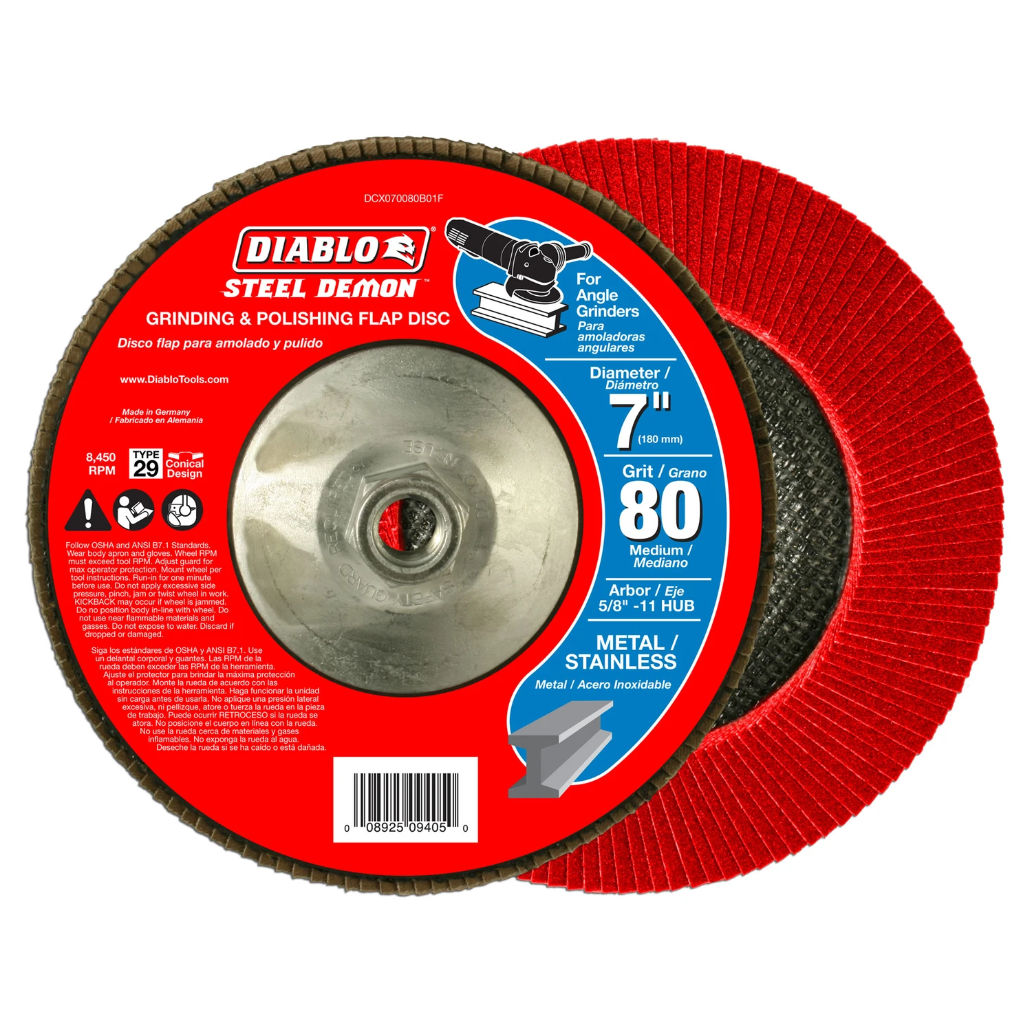 Diablo Steel Demon DCX070080B01F Flap Disc, 7 in Dia, 5/8-11 Arbor, 80 Grit, Medium, Zirconium Abrasive Diablo Steel Demon DCX070080B01F Flap Disc, 7 in Dia, 5/8-11 Arbor, 80 Grit, Medium, Zirconium Abrasive
