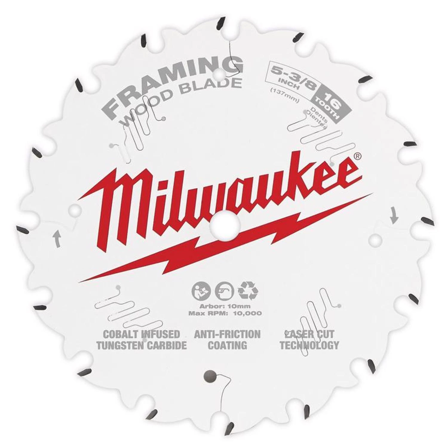 5-3/8 In. 16-tooth Carbide Framing Circular Saw Blade, 10mm Arbor, Model 48-40-0522