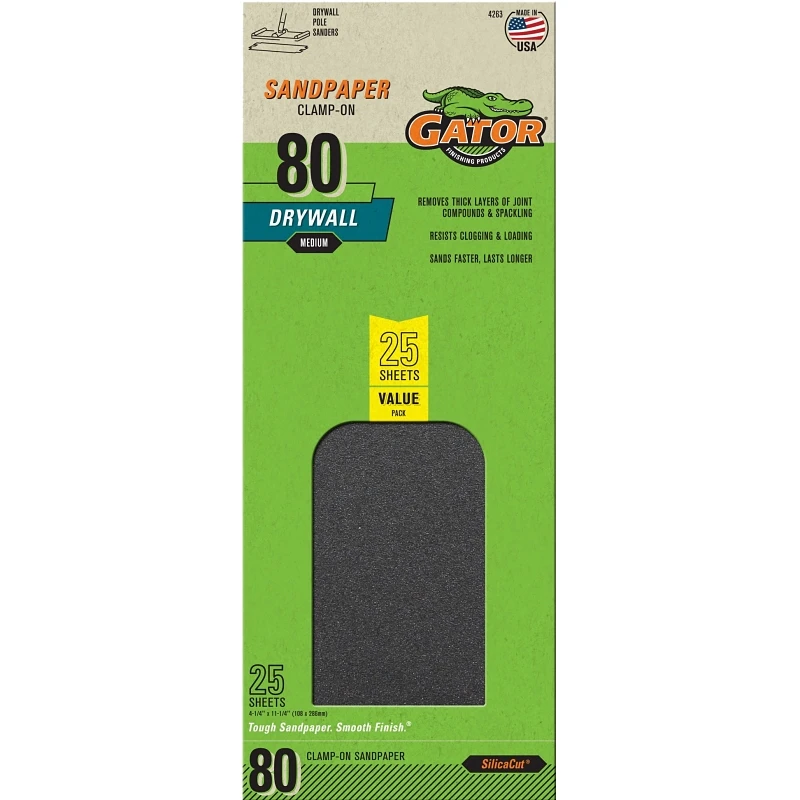 Drywall Sandpaper, Coarse 80-Grit, 4.5 x 11.25 In., 25-Ct.