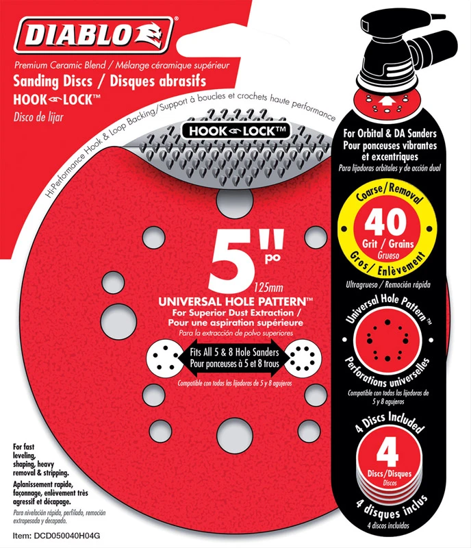 Diablo DCD050040H04G Sanding Disc, 5 in Dia, 40 Grit, Ultra Coarse, Ceramic Abrasive, 12-Hole