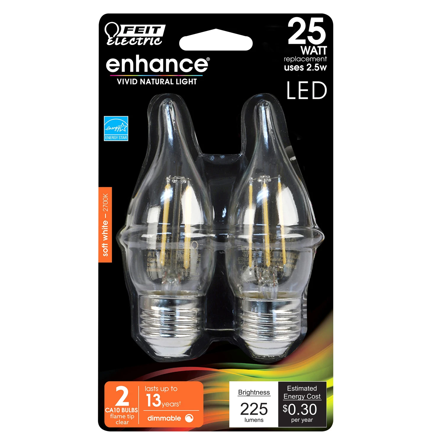 Ca10 E26 Led Flame Tip Bulbs, Soft White 25w Equivalent, 2 Pk, Dimmable