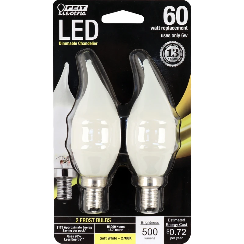 Bpcff60/927ca/fil/2 Dimmable Ca10 E12 Led Bulb 60w Equivalent 2/pk 500 Lumens
