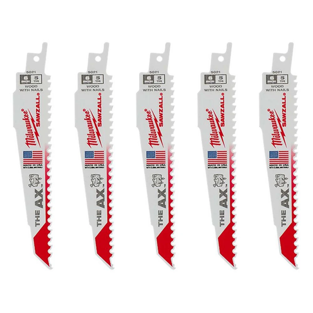 Milwaukee THE AX SAWZALL 48-00-5021 Reciprocating Saw Blade, 1 in W, 6 in L, 5 TPI, Bi-Metal Cutting Edge