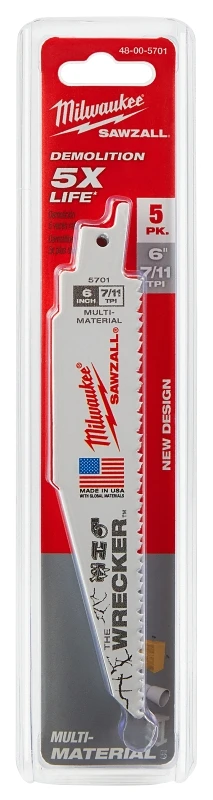 Milwaukee The WRECKER 48-00-5701 Reciprocating Saw Blade, 0.05 in W, 6 in L, 7/11 TPI, Bi-Metal Cutting Edge