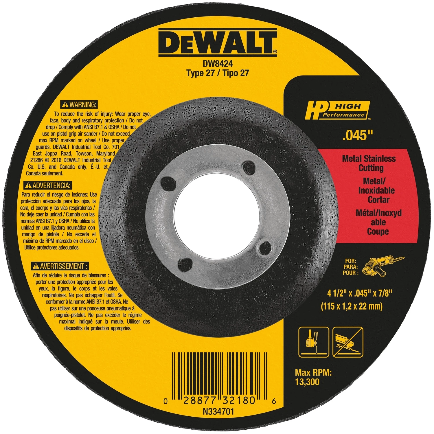 DEWALT DW8424 Cutting Wheel, 4-1/2 in Dia, 0.045 in Thick, 7/8 in Arbor, 60 Grit, Medium, Aluminum Oxide Abrasive