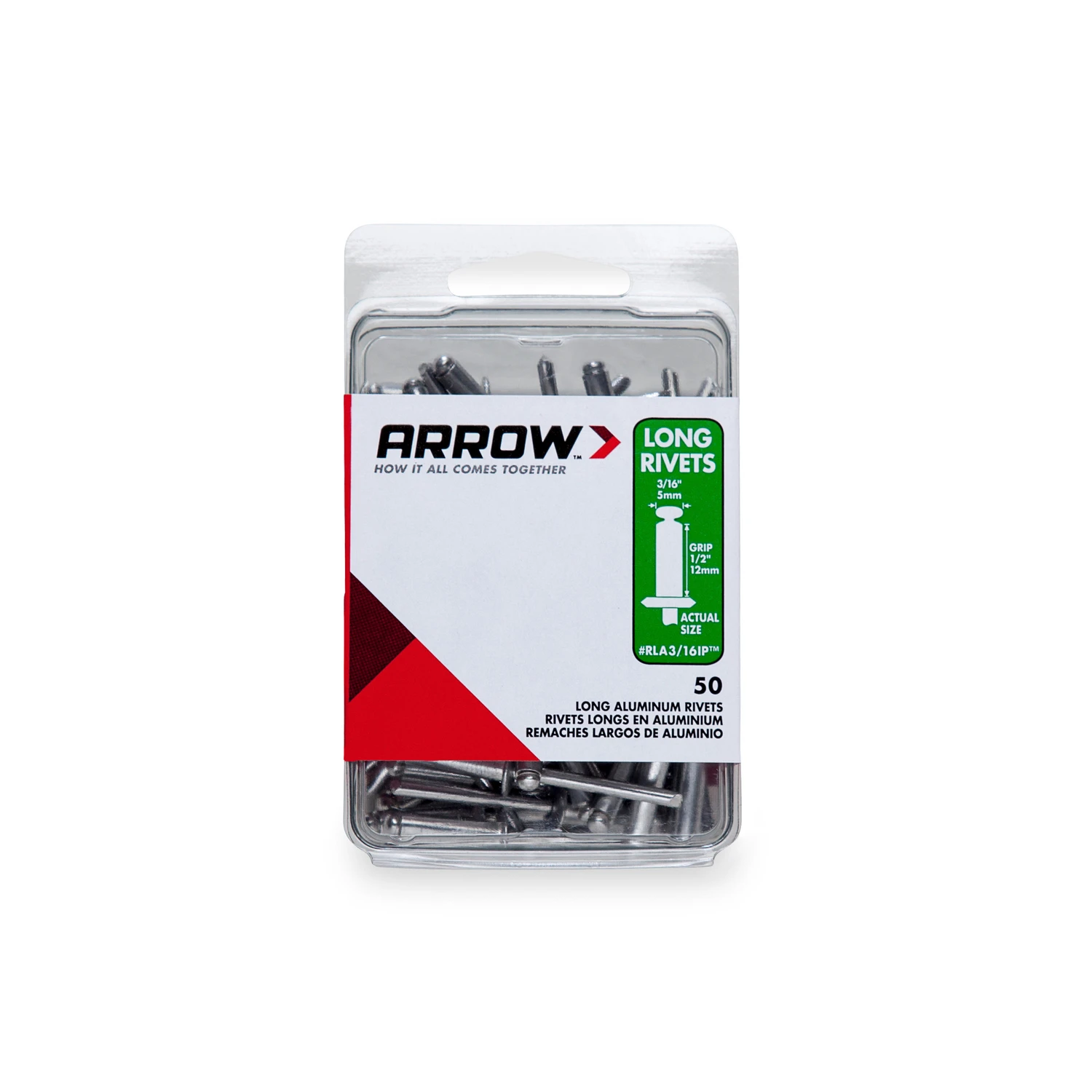 Arrow RLA3/16IP Pop Rivet, Long, 1/2 in Grip, 1/2 in L, Aluminum, 50/PK