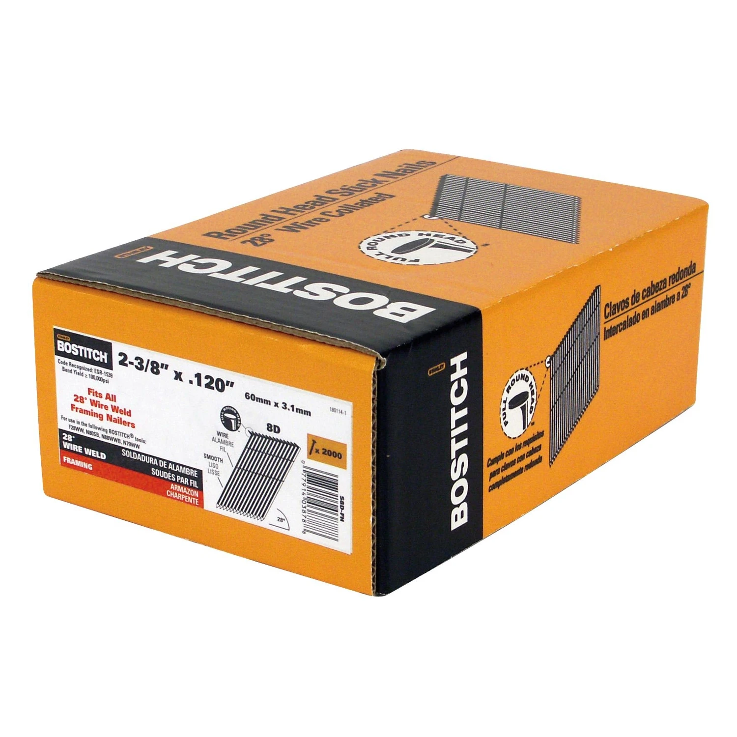 Bostitch S8D-FH Framing Nail, 2-3/8 in L, 11 ga, Steel, Coated, Round Head, Smooth Shank Bostitch S8D-FH Framing Nail, 2-3/8 in L, 11 ga, Steel, Coated, Round Head, Smooth Shank