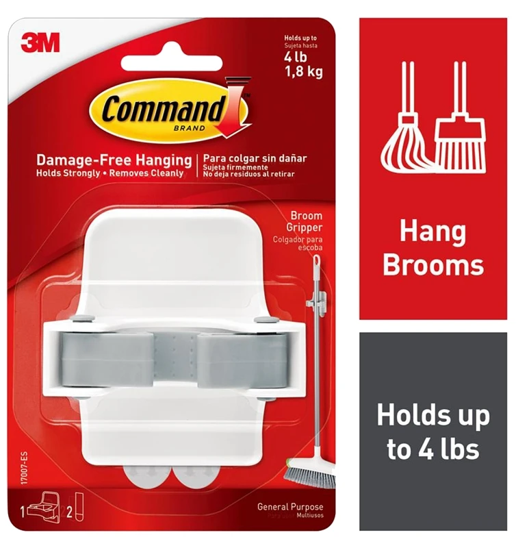 3m Command Large Broom Gripper, 1 Gripper, 2 Strips, Holds 4 Lbs, Model 17007-es