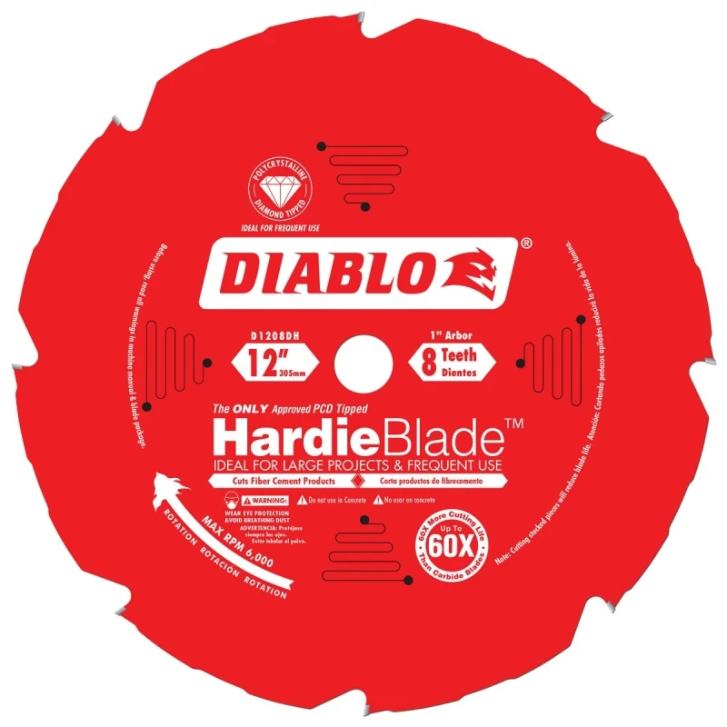 Diablo D1208DH Circular Saw Blade, 12 in Dia, 1 in Arbor, 8-Teeth, Polycrystalline Diamond Cutting Edge