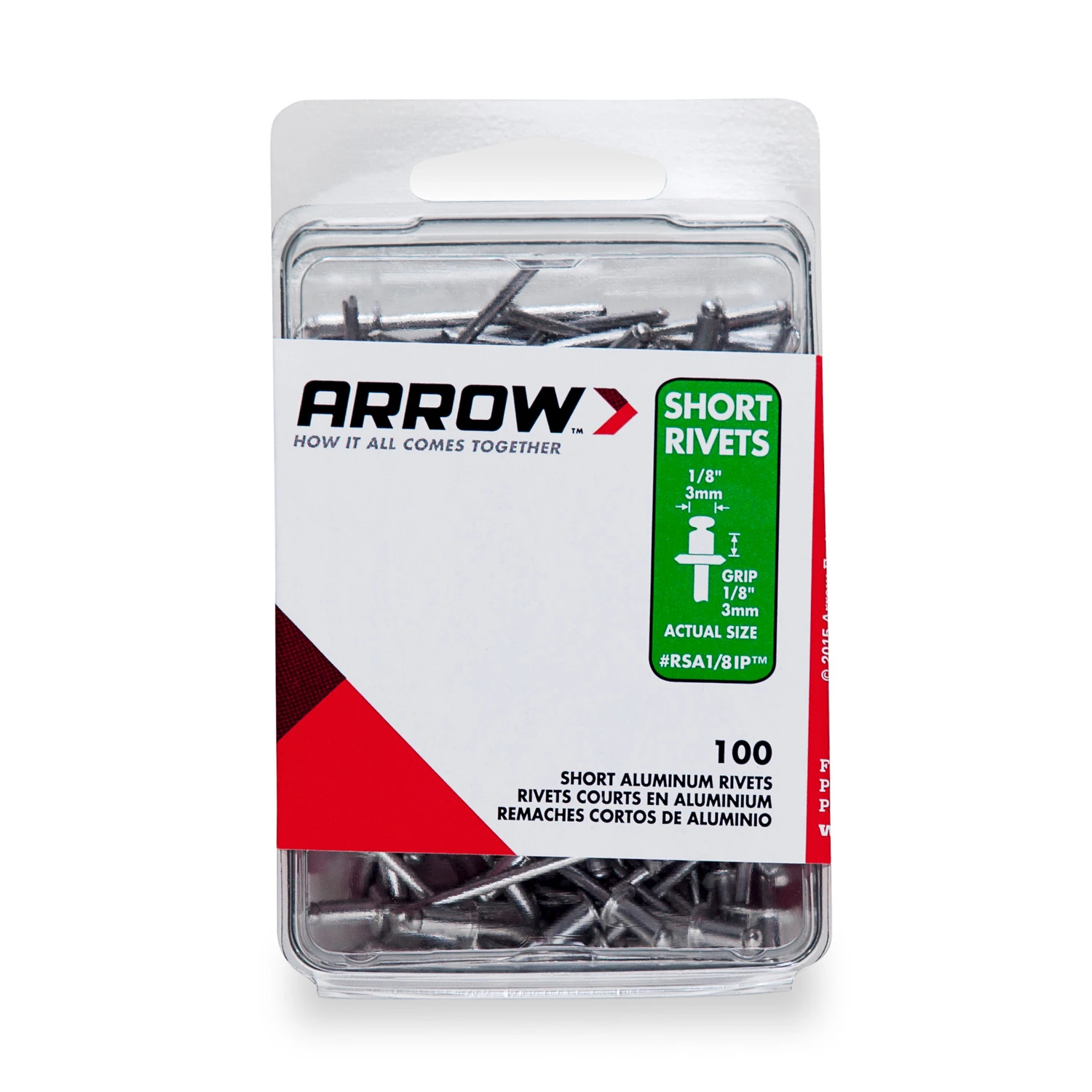 Arrow RSA1/8IP Pop Rivet, Short, 1/8 in Grip, 1/8 in L, Aluminum, Silver, 100/PK