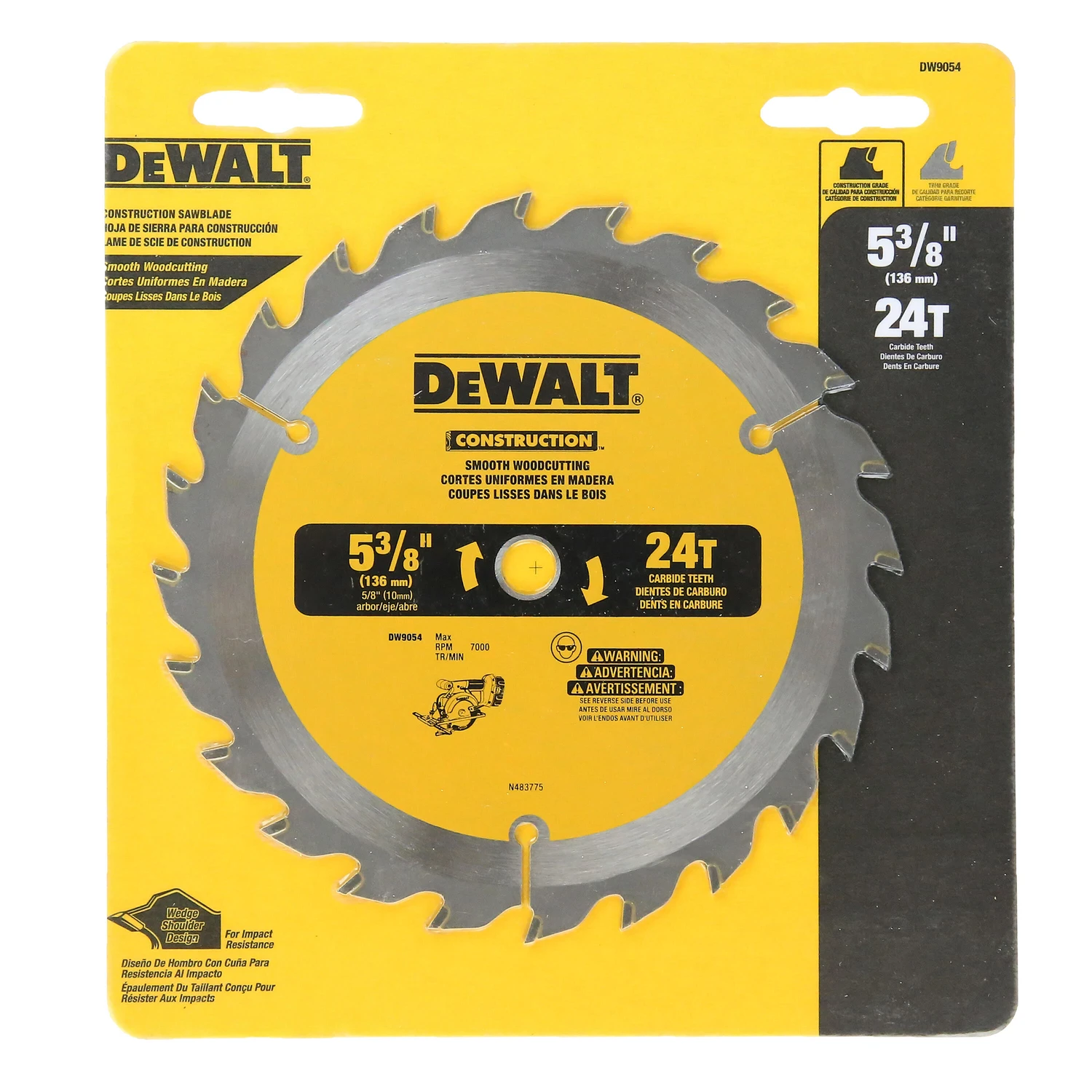 DEWALT DW9054 Circular Saw Blade, 5-3/8 in Dia, 10 mm Arbor, 24-Teeth, Tungsten Carbide Cutting Edge