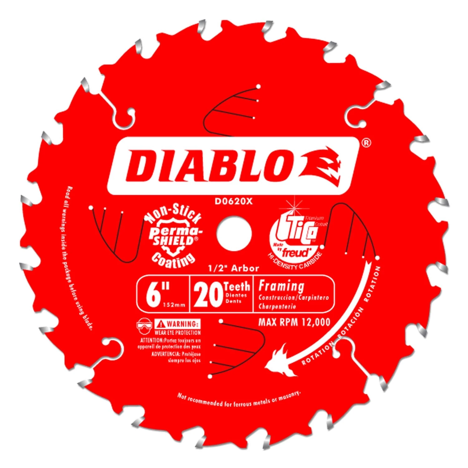 Diablo D0620X Framing Saw Blade, 6 in Dia, 1/2 in Arbor, 20-Teeth, Carbide Cutting Edge