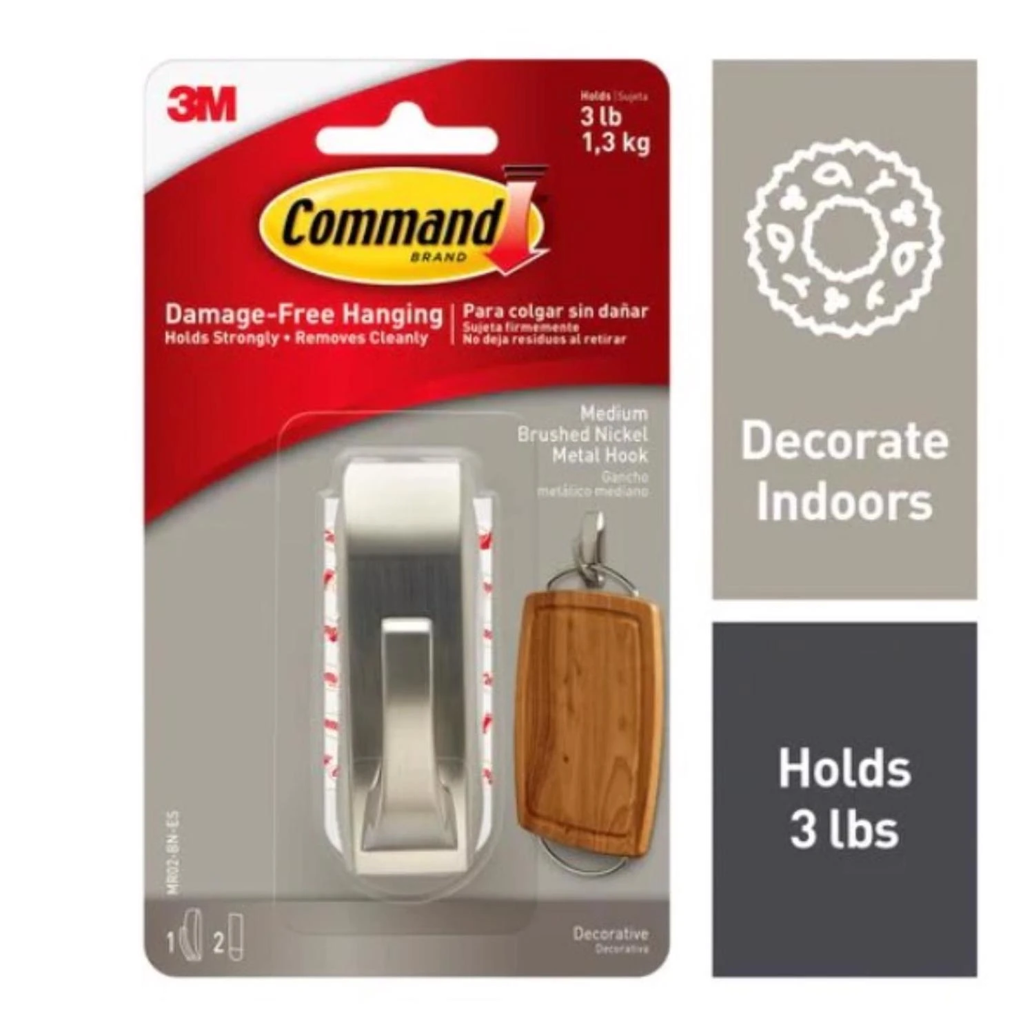 Command MR02-BN-ES Reflection Hook, 3 lb, 1-Hook, Metal, Brushed Nickel