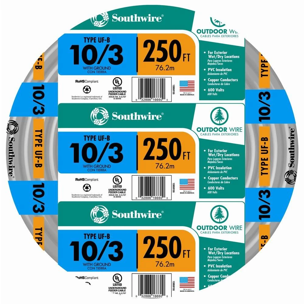 Underground Feeder Cable With Ground, 10/3, 250 Ft.