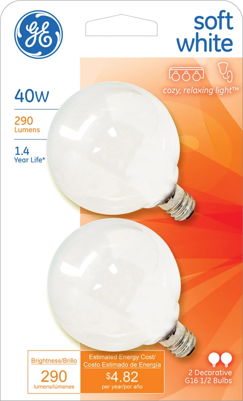 GE 44414 Light Bulb, 40 W, G16.5 Lamp, E12 Candelabra Lamp Base, 290 Lumens, 2500 K Color Temp, Soft White Light