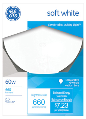 GE 49780 Light Bulb, 60 W, G40 Lamp, E26 Medium Lamp Base, 650 Lumens, 2600 K Color Temp, Soft White Light