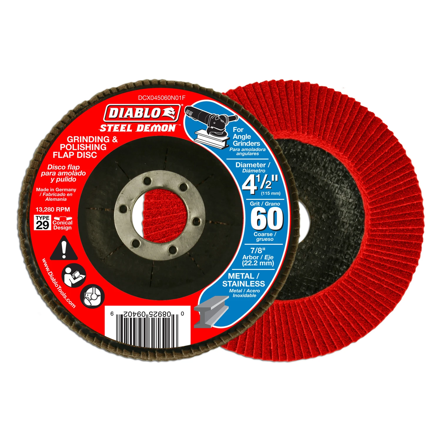Diablo Steel Demon DCX045060N01F Flap Disc, 4-1/2 in Dia, 7/8 in Arbor, 60 Grit, Coarse, Zirconium Abrasive