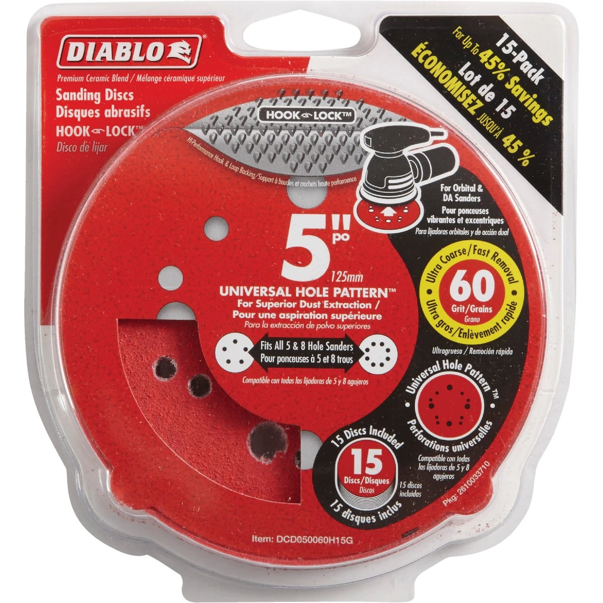 Diablo DCD050060H15G Random Orbital Sanding Disc, 5 in Dia, 60 Grit, Coarse, Ceramic Abrasive, 12-Hole