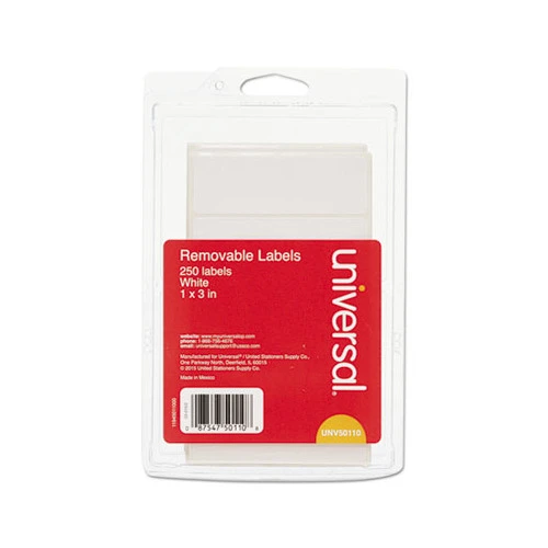"Universal Media Label, 1"" x 3"", White, 5/Sheet, 50 Sheets/Pack (UNV50110)"