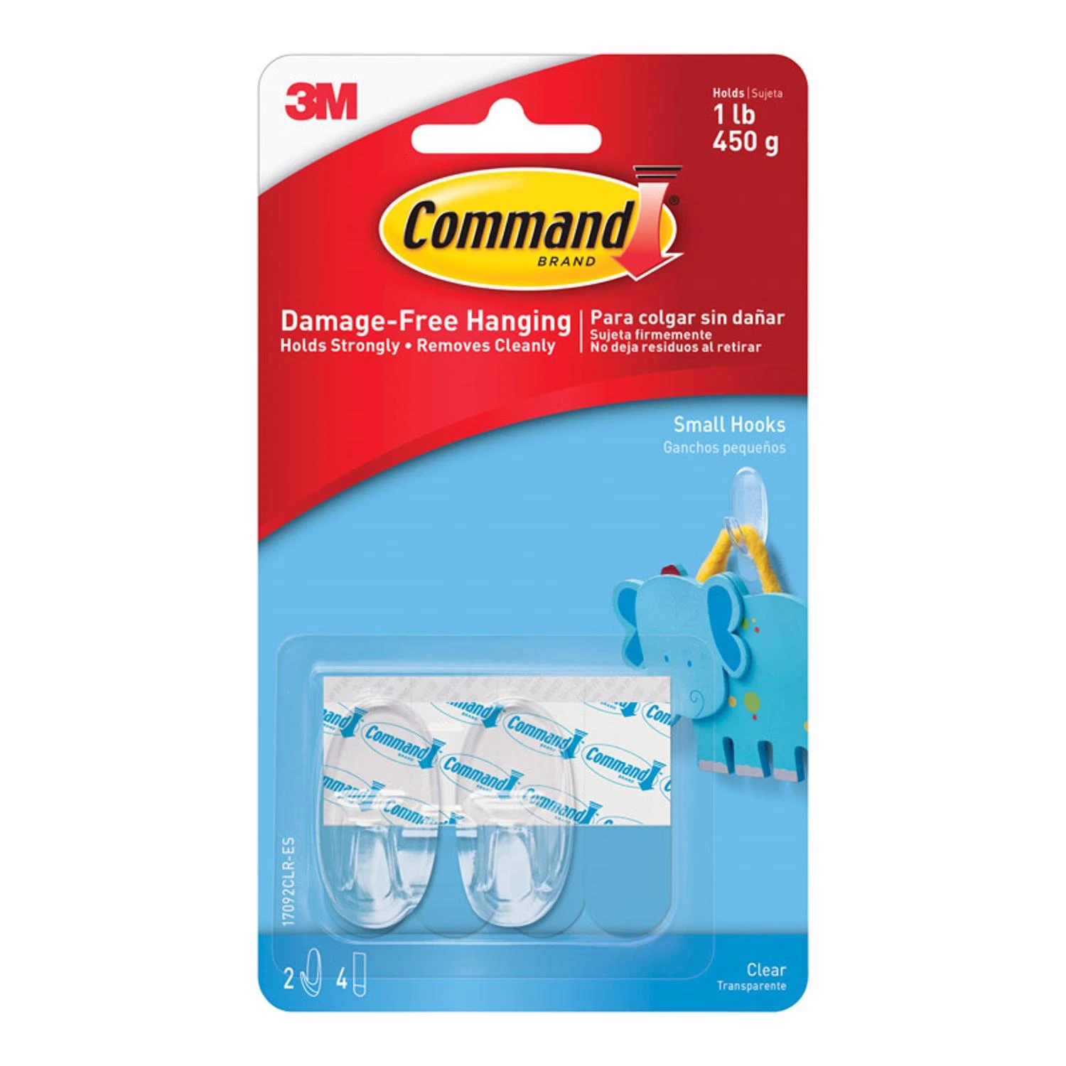 Command 17092CLR Adhesive Hook, 1 lb, 2 -Hook, Plastic, Clear