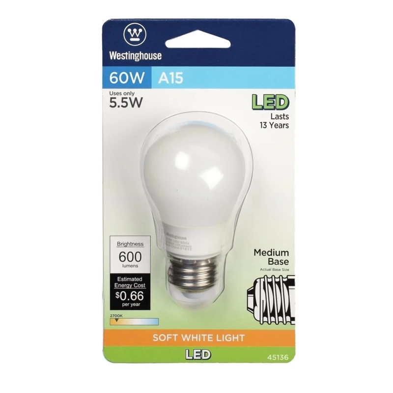 Westinghouse A15 Medium (E26) LED Light Bulb Soft White 60 Watt Equivalence 1 pk