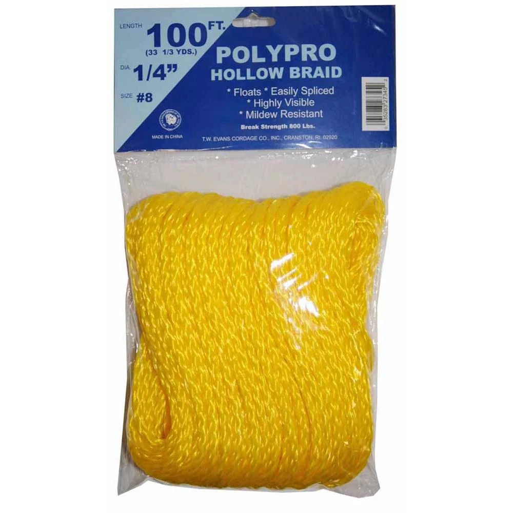 #8 - 1/4 In. X 100 Ft. Yellow Hollow Braid Polypro Rope By T.w. Evans Cordage