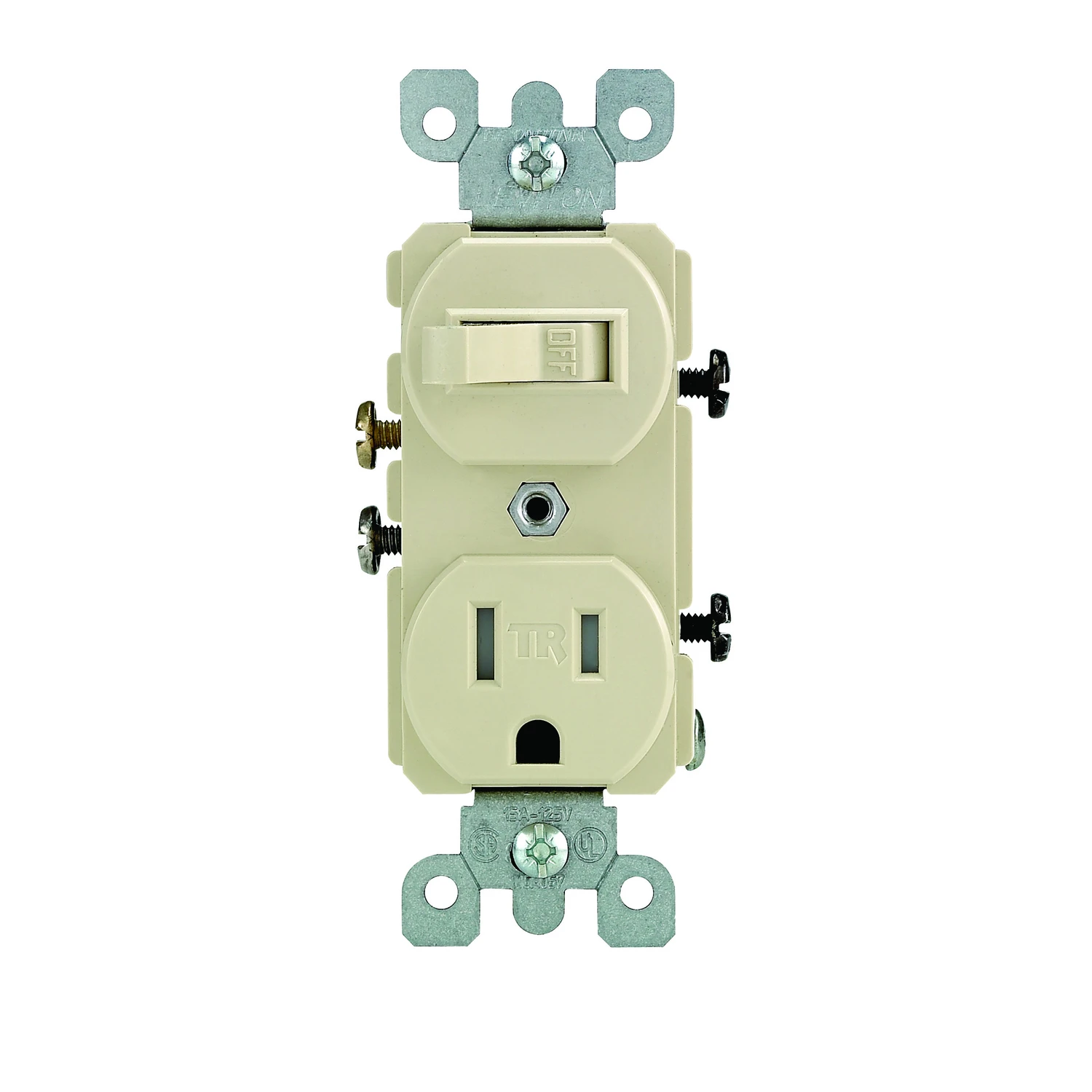 Leviton R51-T5225-0IS Combination Switch/Receptacle, 1-Pole, 15 A, 120 V Switch, 125 V Receptacle Leviton R51-T5225-0IS Combination Switch/Receptacle, 1-Pole, 15 A, 120 V Switch, 125 V Receptacle