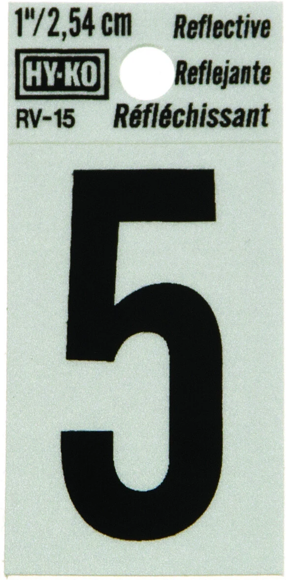Address Numbers, 5 , Reflective Black/Silver Vinyl, Adhesive, 1-In.