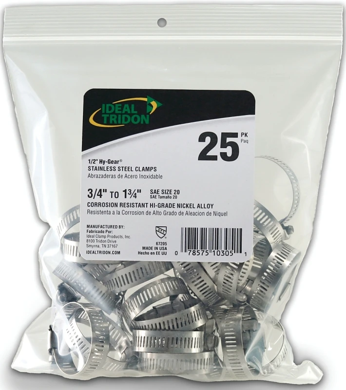 Hose Clamp, Stainless Steel, Size 20, 3/4 to 1-3/4 In., 25-Pk.
