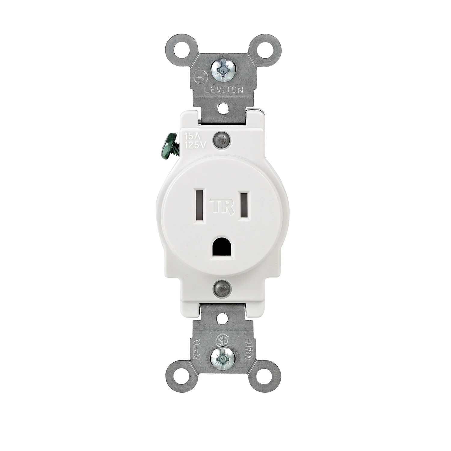 Leviton R52-T5015-0WS Single Receptacle, 2 -Pole, 125 V, 15 A, Back and Side Wiring, NEMA: NEMA 5-15R, White Leviton R52-T5015-0WS Single Receptacle, 2 -Pole, 125 V, 15 A, Back and Side Wiring, NEMA: NEMA 5-15R, White